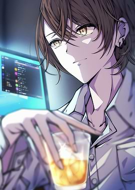 Anime Man with Drink at Computer