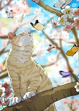 Cat, Butterflies, and Cherry Blossoms