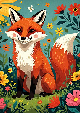 Fox in Floral Garden Illustration
