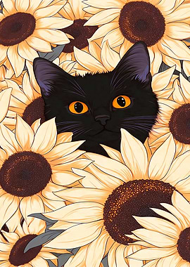 Black Cat in Sunflowers