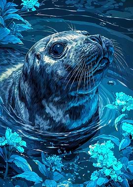 Seal in Blue Floral Waters