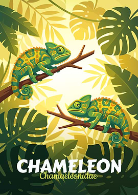 Chameleon Illustration with Tropical Leaves