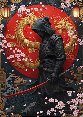Ninja with Dragon and Cherry Blossoms
