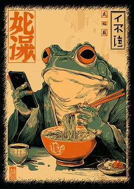 Frog Eating Noodles and Using Phone