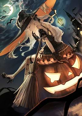 Anime Witch on Pumpkin Halloween Night