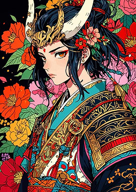 Anime Girl with Horns and Flowers