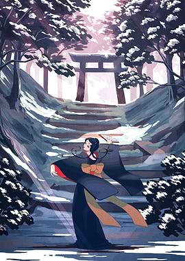 Woman in Kimono at Snowy Shrine