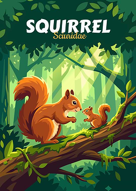 Squirrel Family in Forest Illustration
