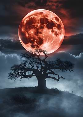 Blood Moon Over Silhouette Tree