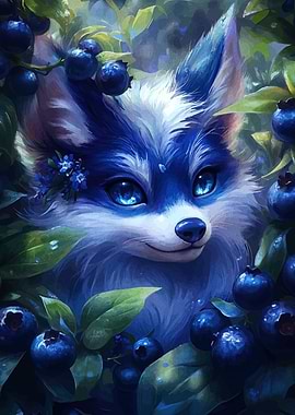 Blue Fox with Blueberries Illustration