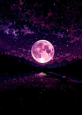 Pink Moon Night Landscape