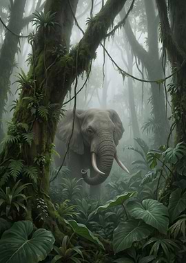 Elephant in Misty Jungle
