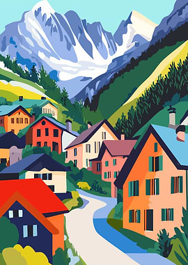 Swiss Mountain Village Abstract Art Illustration