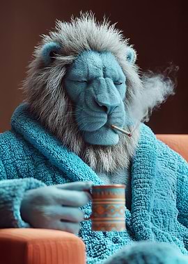 Relaxed Lion in Robe with Coffee