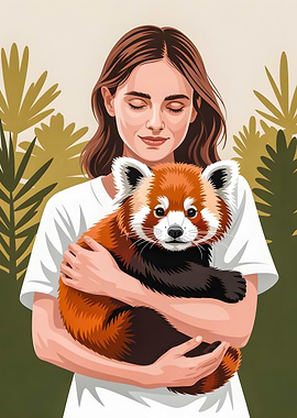 Tropical Bond Woman and Red Panda in a Lush Forest Wildlife Illustration
