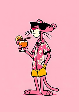 Pink Panther with a cocktail