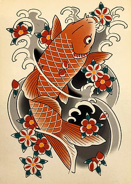 Koi Fish and Cherry Blossoms Art