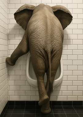 Elephant at Urinal in Bathroom Toilet
