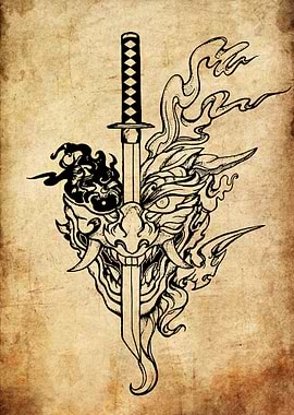 Hannya Mask and Katana Illustration