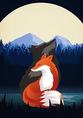 Fox and Wolf Under Moonlight