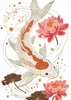 Koi Fish and Lotus Flower Art