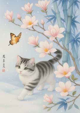 Cat with Butterfly and Magnolia Flowers