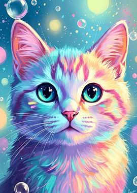 Colorful Cat Portrait with Bubbles