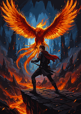 Warrior and Phoenix in Volcanic Landscape