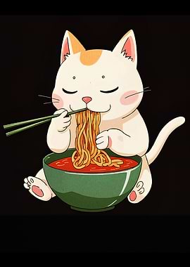 Cartoon Cat Eating Ramen Noodles