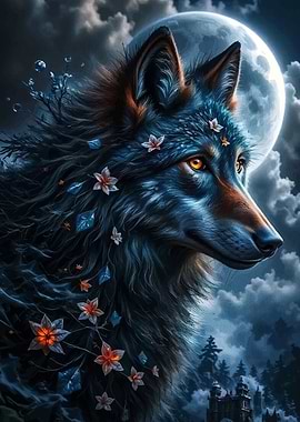 Floral Wolf under Moonlight