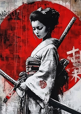 Geisha with Swords and Red Sun