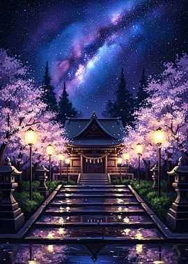 Japanese Shrine Under Starry Night Sky