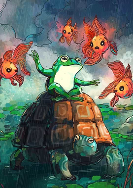Frog, Turtle, and Goldfish in Rain