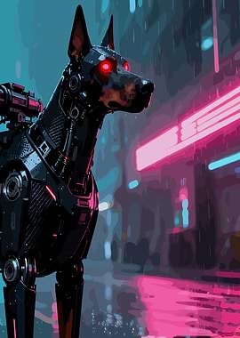 Cyberpunk Doberman in Neon Cityscape