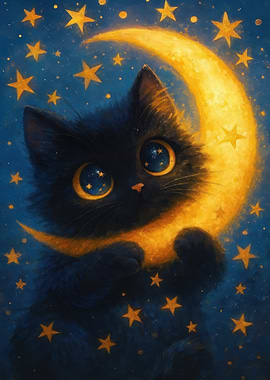 Cute Black Cat on Crescent Moon