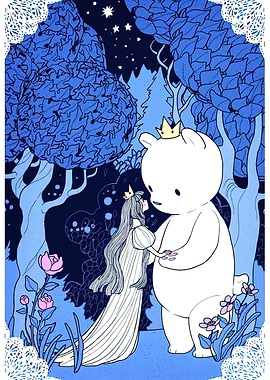 Princess and Bear in Blue Forest
