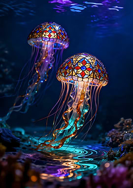 Stained Glass Underwater Jellyfish Glowing in Deep Ocean