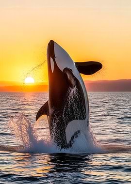Orca breaching at sunset
