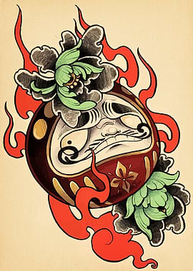 Daruma Doll with Flowers and Flames