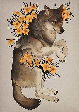 Wolf with Yellow Flowers Illustration
