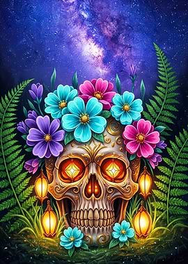 Floral Skull with Starry Eyes