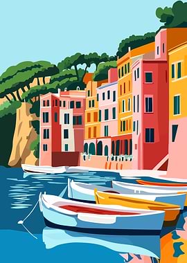 Italian Coastal Village Boats Minimalist Abstract Art