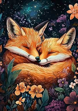 Foxes in Love amidst Floral Night