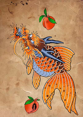 Dragon Fish with Peaches Illustration