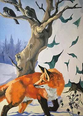 Fox in Winter Landscape Painting