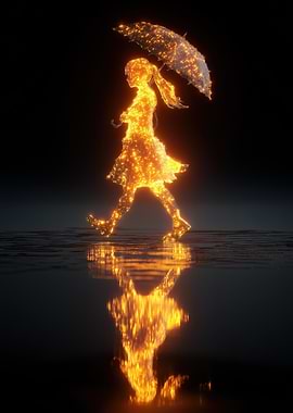 Glowing Girl with Umbrella Reflection