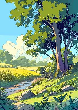 Forest Green Landscape Minimalist Illustration Art