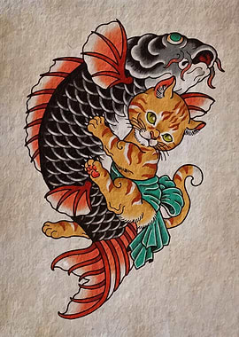 Cat riding a koi fish