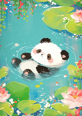 Cute Panda Swimming in a Pond