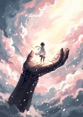 Girl on Robotic Hand in Clouds